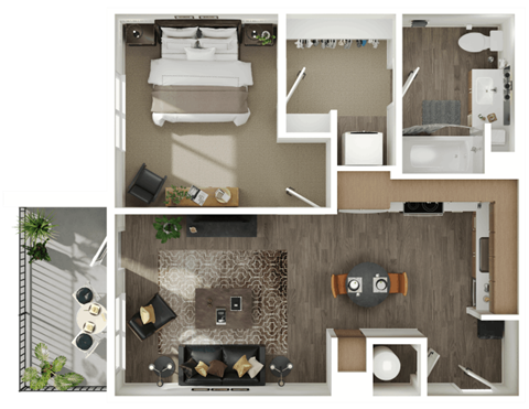 Floor plan for 1 bed, 1 bath, 629 sqft